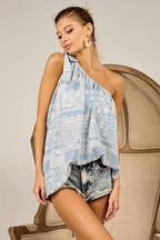 BiBi Top One Shoulder Tied Ribbon Blue Aztec Printed Woven Asymmetrical Blouse f137b1b05eb846d6bc3d49b39a788abf-Max-Origin Trendsi