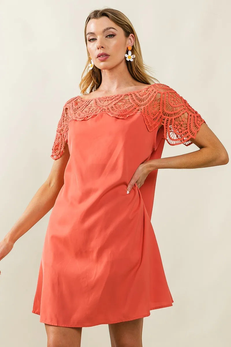 BiBi Dress Crochet Lace Yoke Detailed Wrinkled Short Sleeve f1439e30a1fb4d818bbfab3e6f167fa8-Max-Origin Trendsi