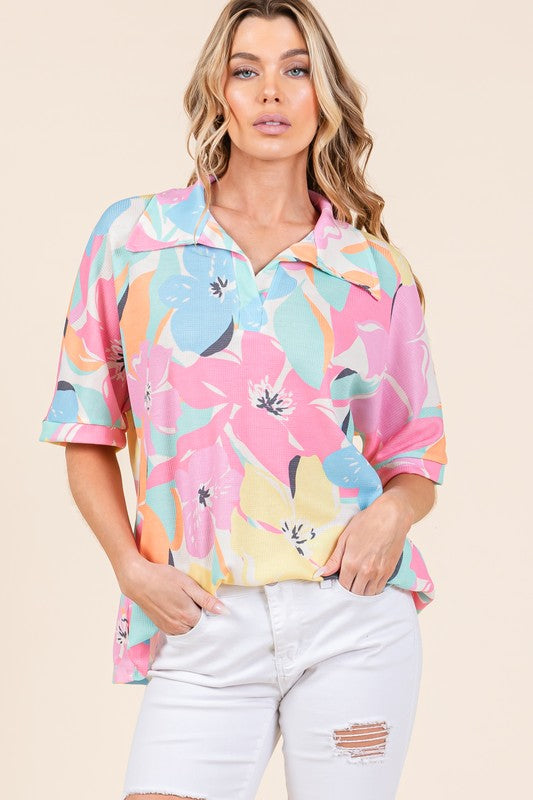 BOMBOM Floral Top Collared Neck Half Sleeve Multicolor Blouse Multicolor f15cf34c-3df8-4f62-b24d-aee1bd8c50ee-Max Trendsi