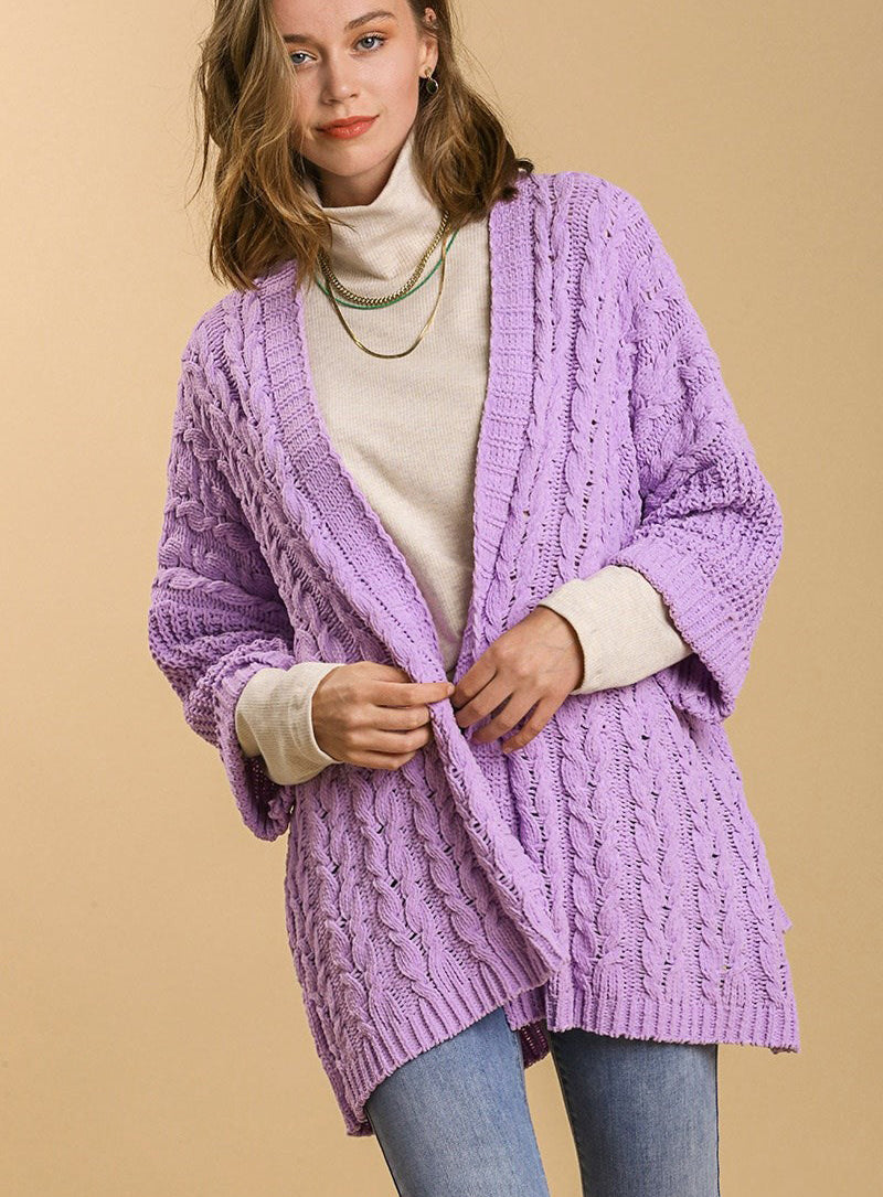 Umgee USA Cardigan Lilac Cable Knit Open Front Long Sleeve Women Knitwear