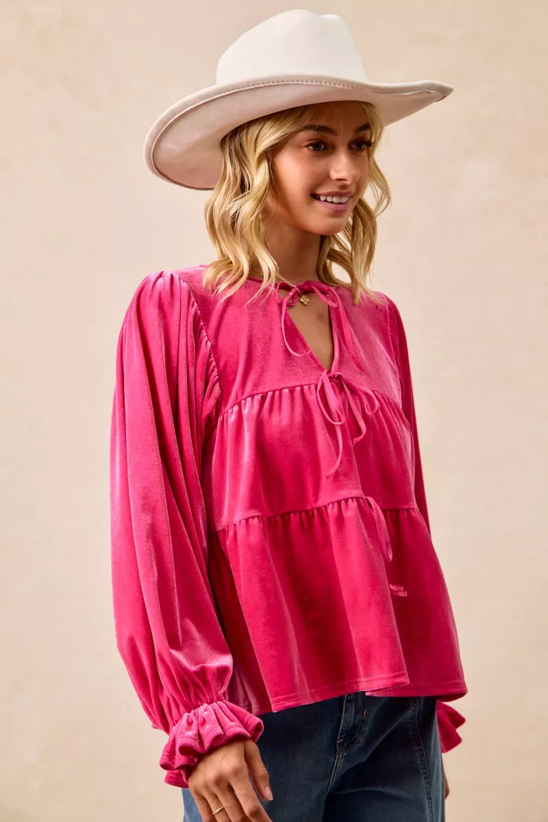 BiBi Womens Blouse Christmas Theme Velvet Bow Tied Ruffled Top f16918d9758d42298169a325cb6b1c28-Max-Origin Trendsi