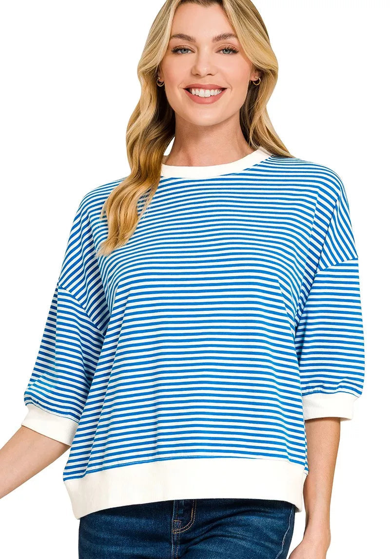 Zenana Cotton T-shirt Striped Contrast Trim Banded Bottom Top Short Sleeve OCEAN BLUE f176ad1177084526a696fabf027bc6e0-Max-Origin Trendsi