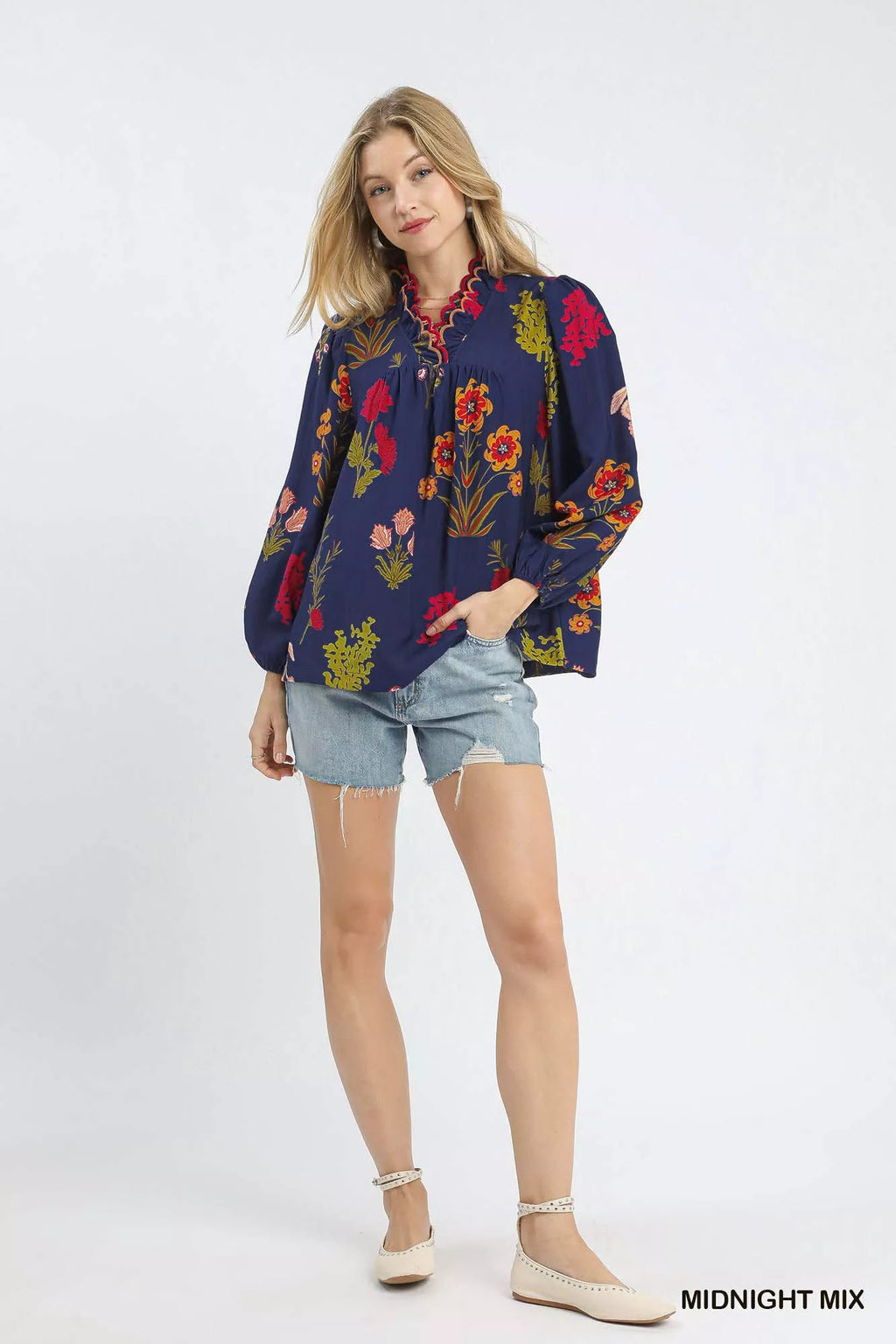 Umgee Womens Blouse Ruffled Midnight Flower Print with Scalloped Neckline Top f17cd63a-643e-4116-b801-c87f758ba256-Max-Origin Trendsi
