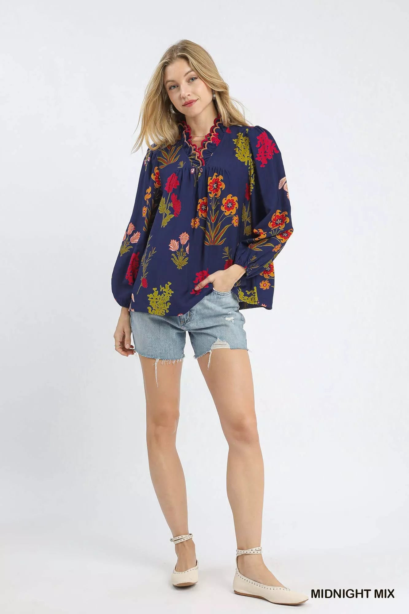 Umgee Womens Blouse Ruffled Midnight Flower Print with Scalloped Neckline Top f17cd63a-643e-4116-b801-c87f758ba256-Max-Origin Trendsi