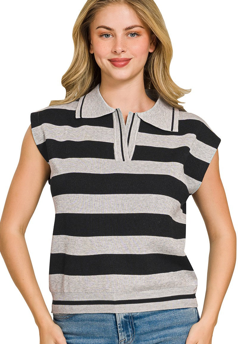 Zenana Viscose Striped Sweater Vest with Polo Collar