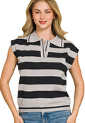 Zenana Viscose Striped Sweater Vest with Polo Collar