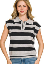 Zenana Viscose Striped Sweater Vest with Polo Collar