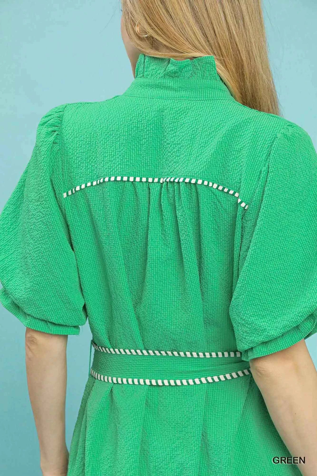 Umgee Midi Dress Green Ruffle Collar Belted with Stripe Trim Short Sleeve f188878c-9984-4215-a73a-d79c4b9a8ca2-Max-Origin Trendsi