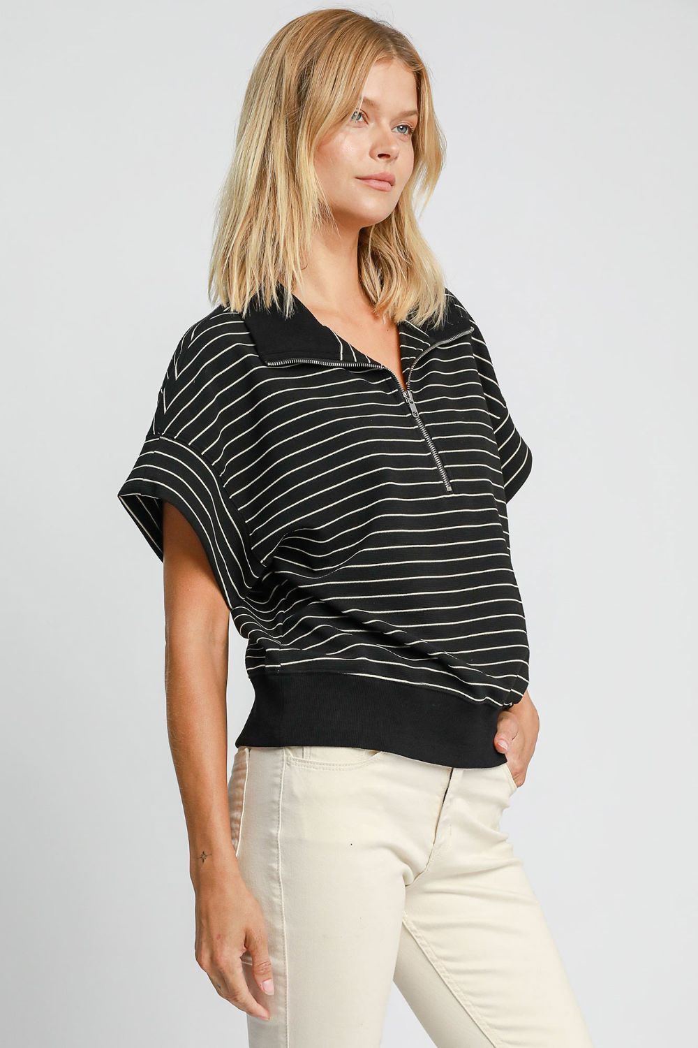 Umgee USA Striped Black Sweatshirt Cotton Blend Half Zip Short Sleeve Collared f189b758-5110-4eb6-a805-8169617e1ac5-Max Trendsi