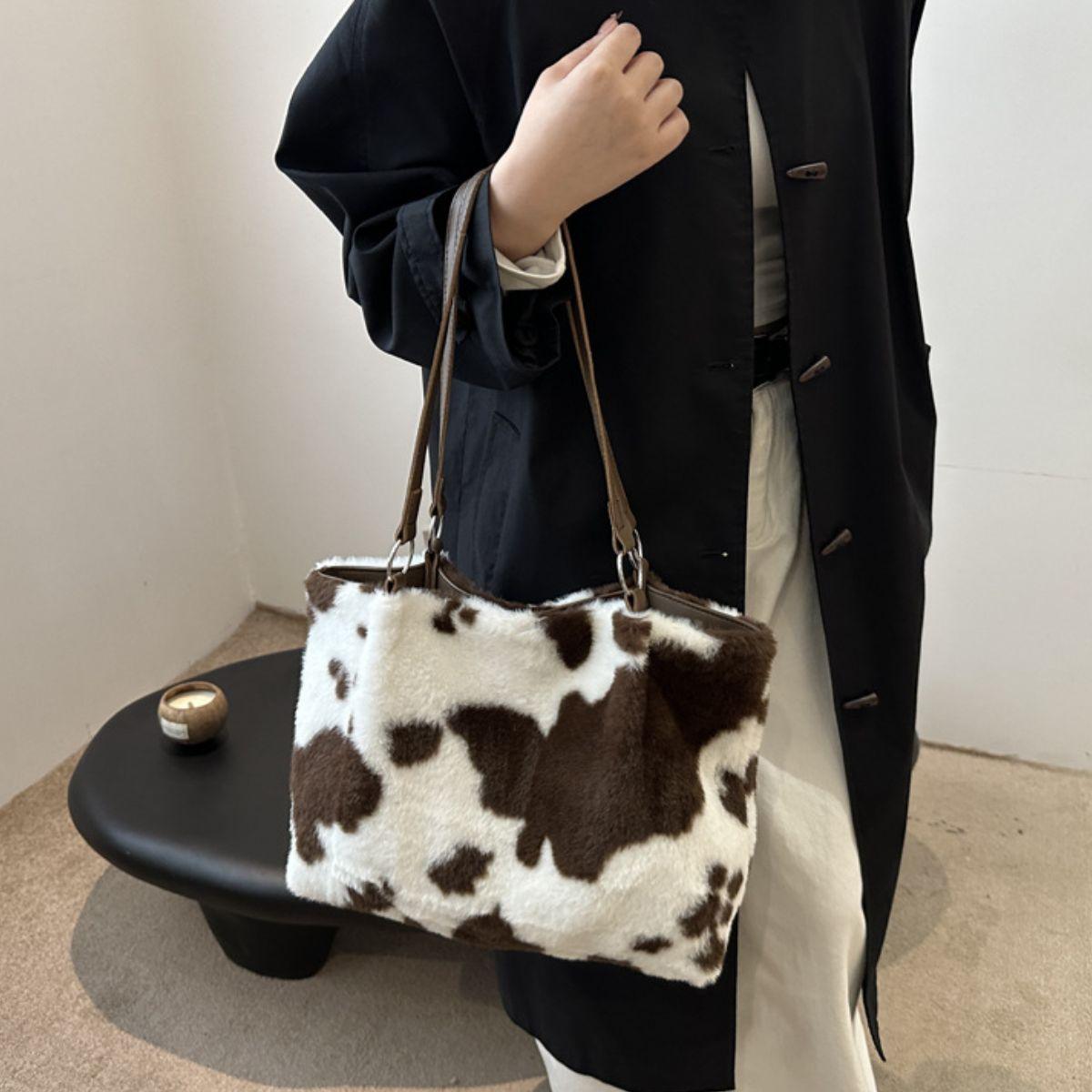 Furry Tote Handbag Large Cow Print Women Zipper Shoulder Bags f1953d4f-76d4-49c6-9f40-5772c101a69d-Max Trendsi