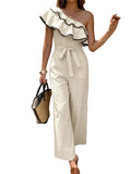 Ruffled One-Shoulder Wide-Leg Jumpsuit with Belt and Zipper