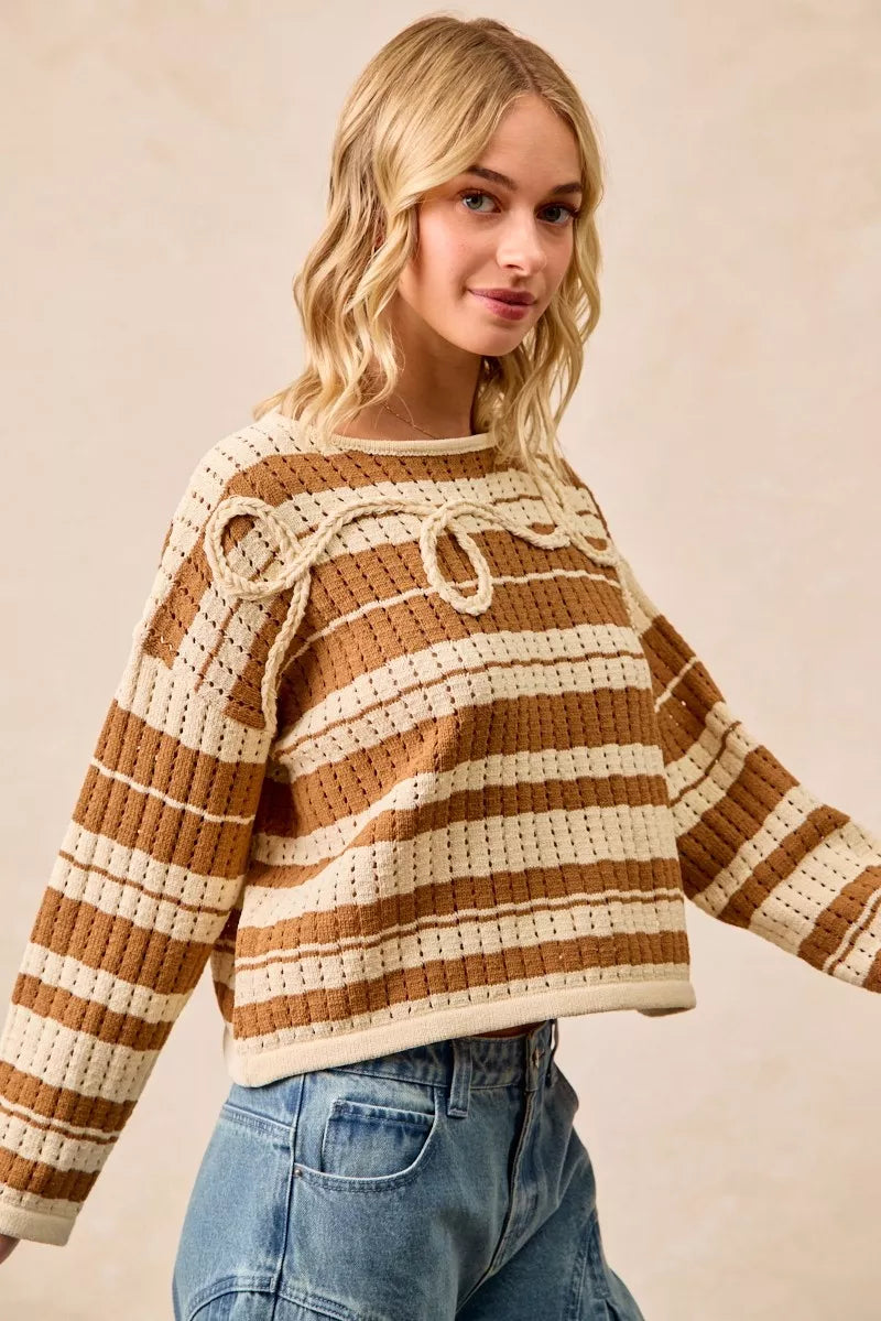 BiBi Womens Brown Striped Open Knit Sweater Top with Front Braided Detail f19b2e6818004ca3a841c79d13e1757a-Max-Origin Trendsi