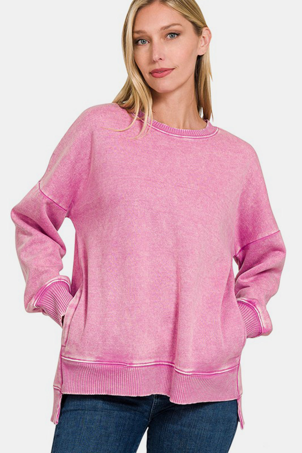 Zenana Women Sweatshirt Dusty Pink Acid Wash Fleece Pocketed Long Sleeve