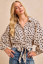 BiBi Womens Crop Shirt Polka Dot Print Tie Hem Detail Long Sleeve Top f1ad47e180f34d9e91cb68a6313148c0-Max-Origin Trendsi