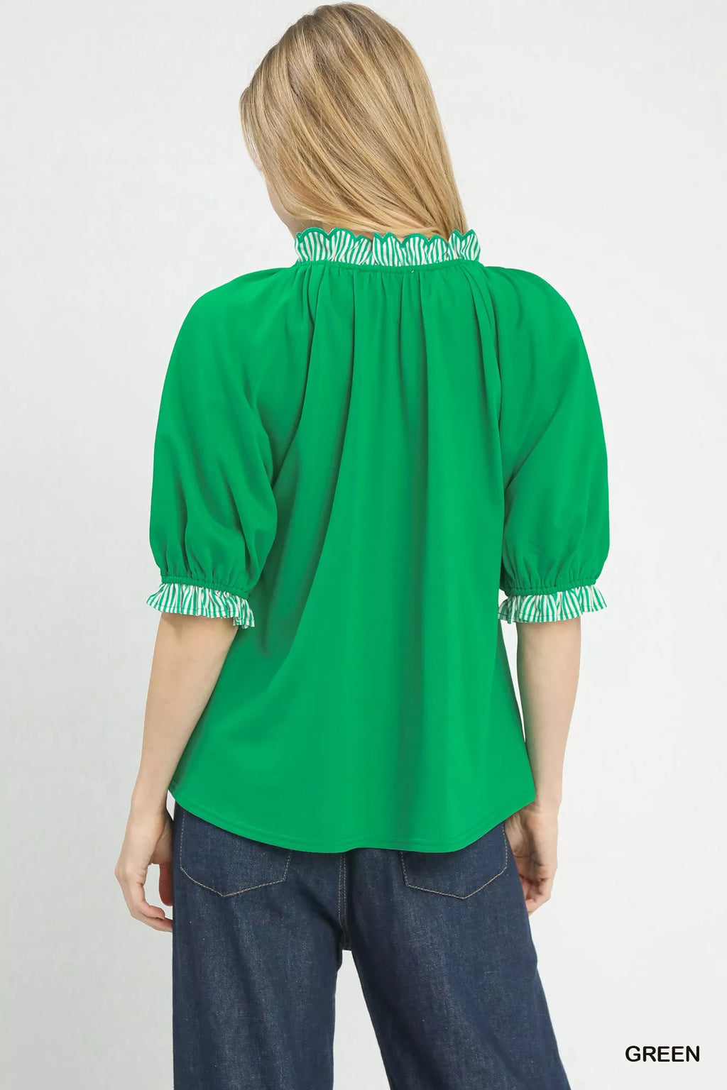 Umgee Blouse Green French Terry Collared Top Short Puff Sleeve f1b117fb-5ee3-4904-92ba-5130932d9de4-Max-Origin Trendsi