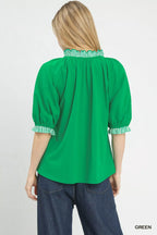 Umgee Blouse Green French Terry Collared Top Short Puff Sleeve f1b117fb-5ee3-4904-92ba-5130932d9de4-Max-Origin Trendsi