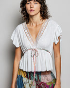 POL Tied Ruffled V-Neck Short Sleeve Blouse with Lace Detail