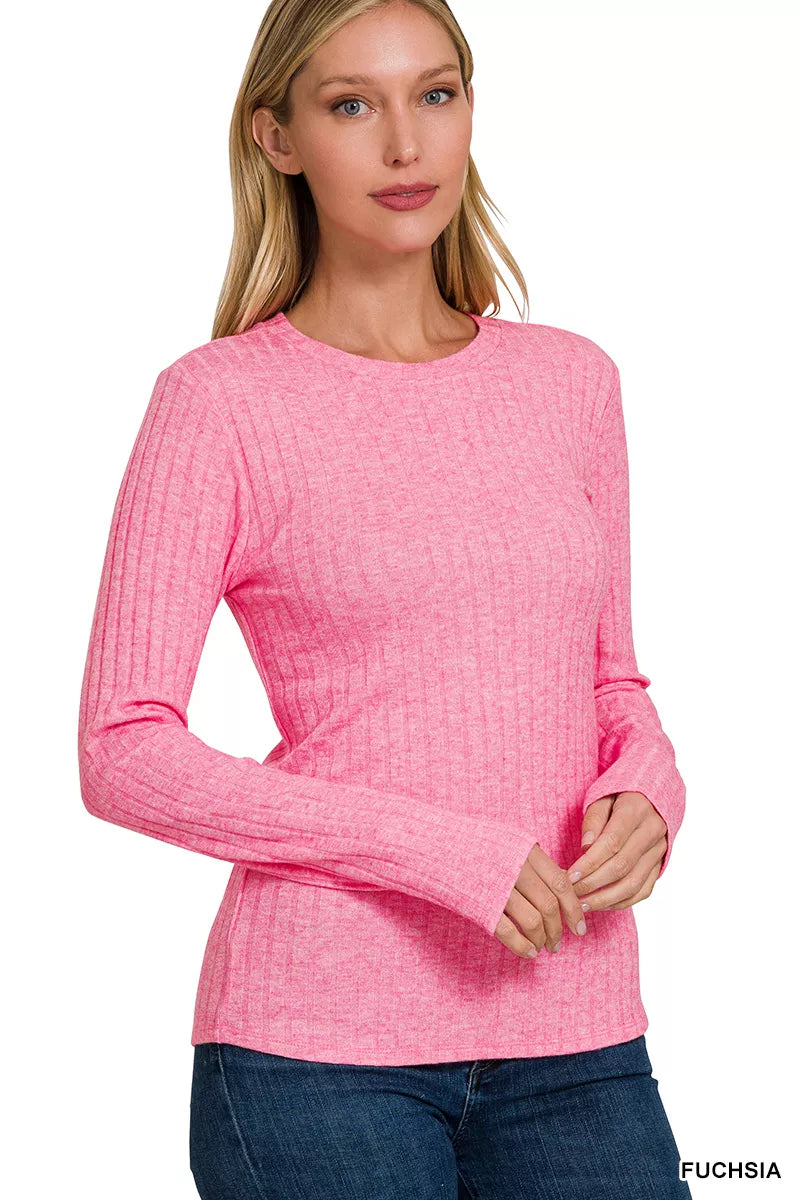 Zenana Womens T-Shirt Pink Ribbed Long Sleeve Round Neck Top f1bdfb2c-dce8-4a50-a925-0a0fbd4cf9ee-Max-Origin Trendsi