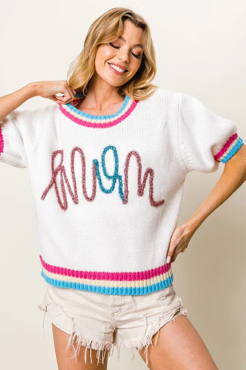 BiBi Sweater White with Metallic Letter Short Puff Sleeve Pullover f1c7bf95bf17449abd74f2567bc3892e-Max-Origin Trendsi
