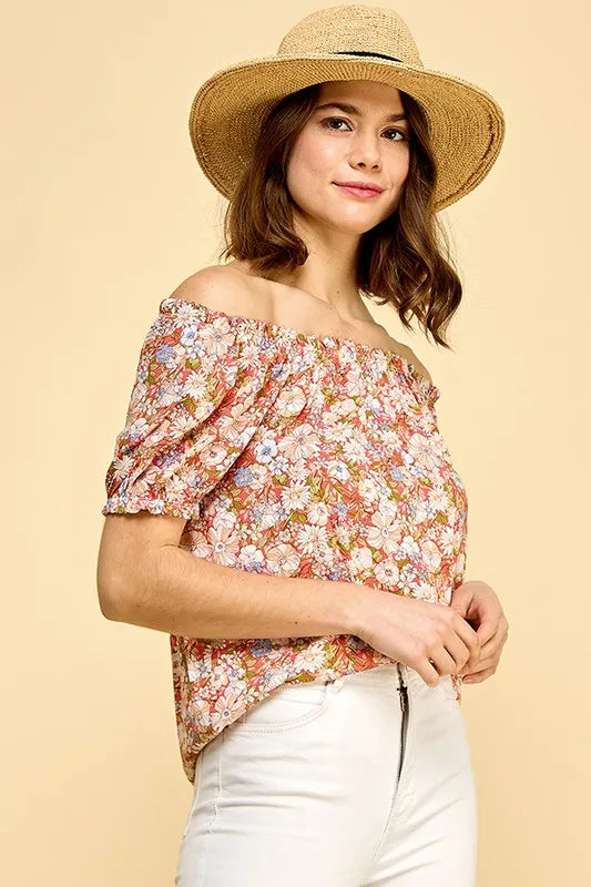 Lime 'N' Chili Blouse Off-The-Shoulder Coral Floral Print Short Sleeve f1d1dc680cc6467f9605b1a03054e237-Max-Origin Trendsi
