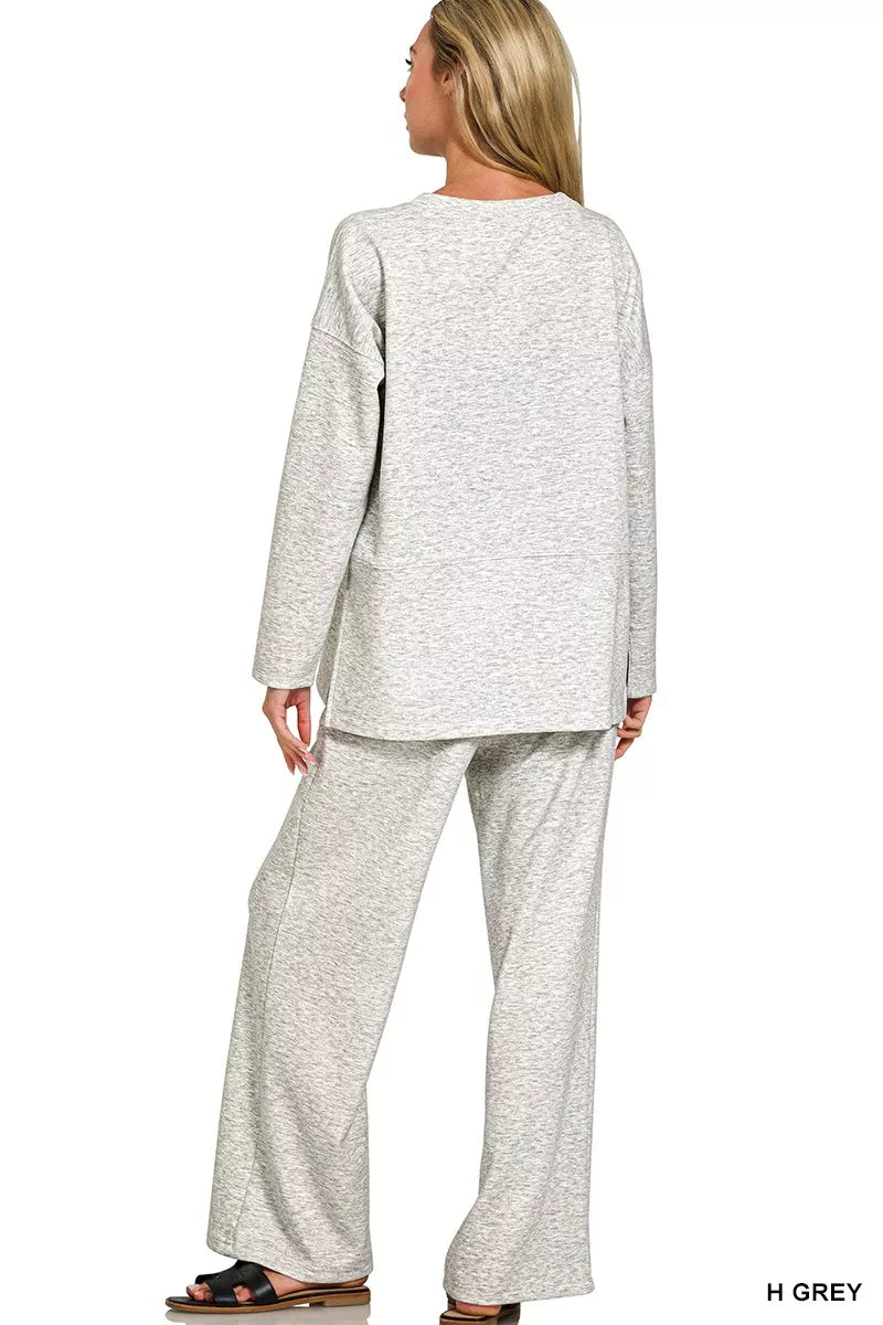 Zenana Womens Outfit Set Light Gray Scuba Side Slit Long Sleeve Top and Pants