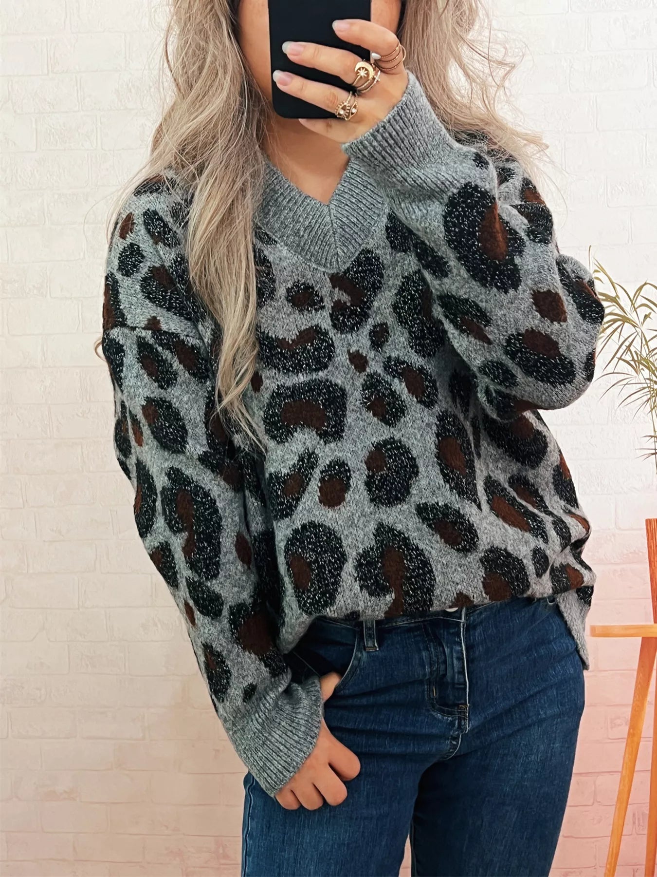 Women's Sweater Leopard Cozy V-Neck Drop Shoulder Long Sleeve Gray One Size f1de3df1e177499d992417621a935435-Max-Origin Trendsi