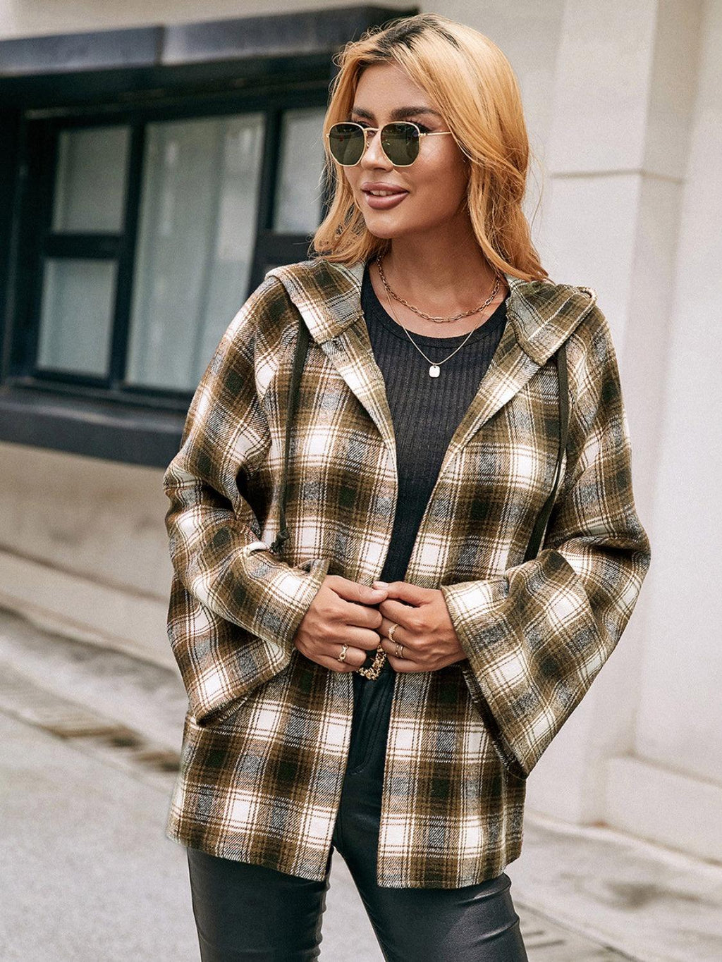 Pocketed Jacket Plaid Long Sleeve Hooded Coat f1e1d8a0-8fdd-4fd0-b629-927ade886e1b-Max Trendsi