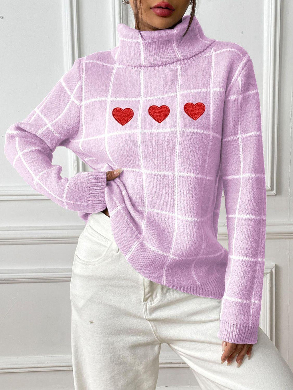 Heart Plaid Sweater Turtleneck Long Sleeve Casual Knitwear f1e8986b-d965-4199-833b-7d4465a09e4e-Max Trendsi
