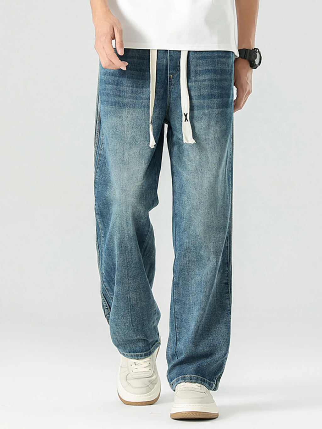Men's Straight Leg Jeans Blue Washed with Side Stripes Denim Basic Style f1fba515135e4c83867aad08642d2c6b-Max-Origin Trendsi