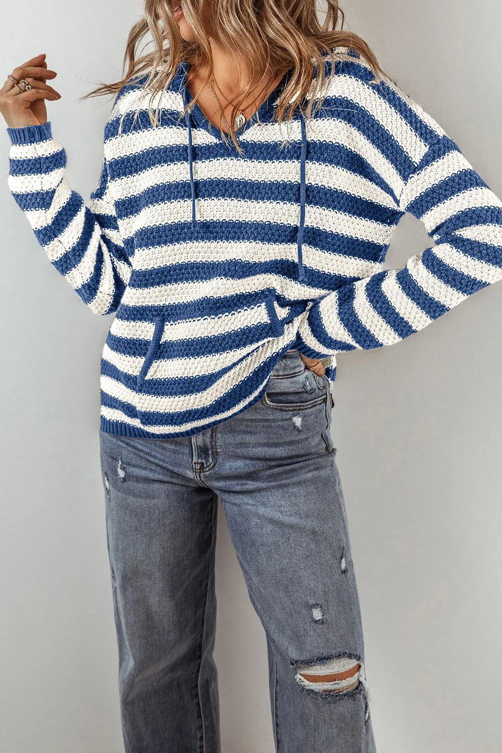 Striped Cotton Blend Knit Sweater Long Sleeve Hooded Knitwear f1fe57a6-e772-43c5-b56a-9e3be5dffd65-Max Trendsi