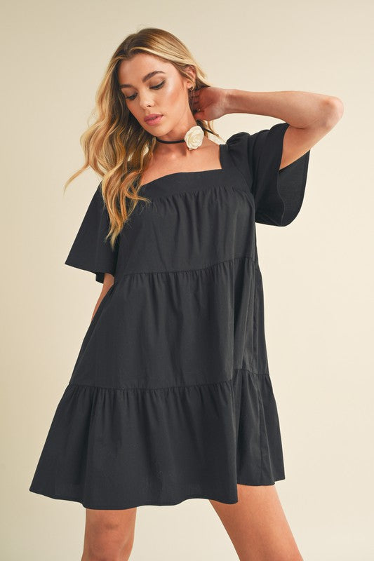Aemi + Co Mini Dress Black Ruffle Square Neck Half Sleeve Tiered f202ef33-9bcb-45b3-8bb0-d560e89f2c0c-Max Trendsi