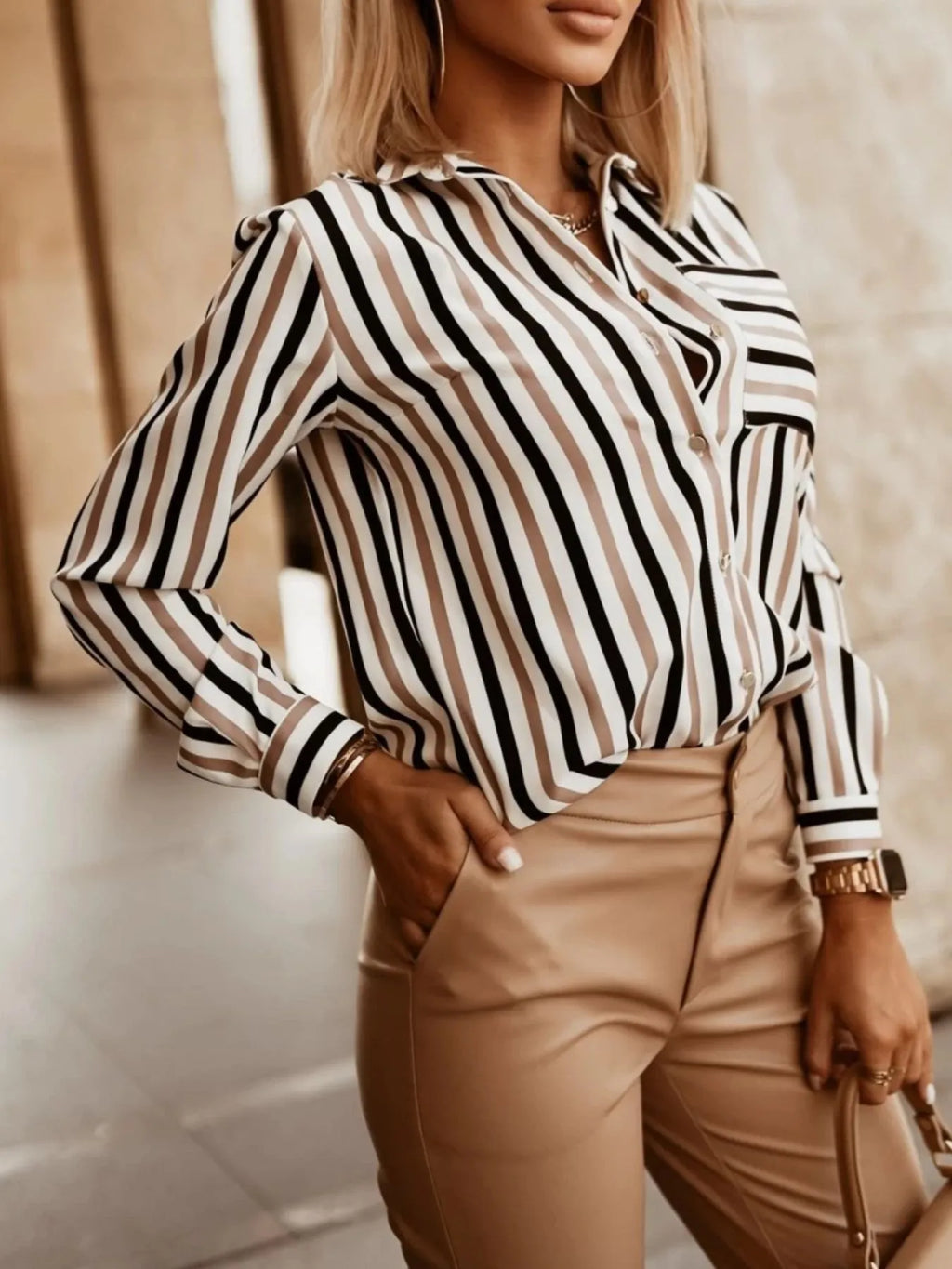 Women's Shirt Striped Long Sleeve Casual Pocketed Top f20d9a8e-9114-4ee1-bbbb-3038ab441dd6-Max-Origin Trendsi