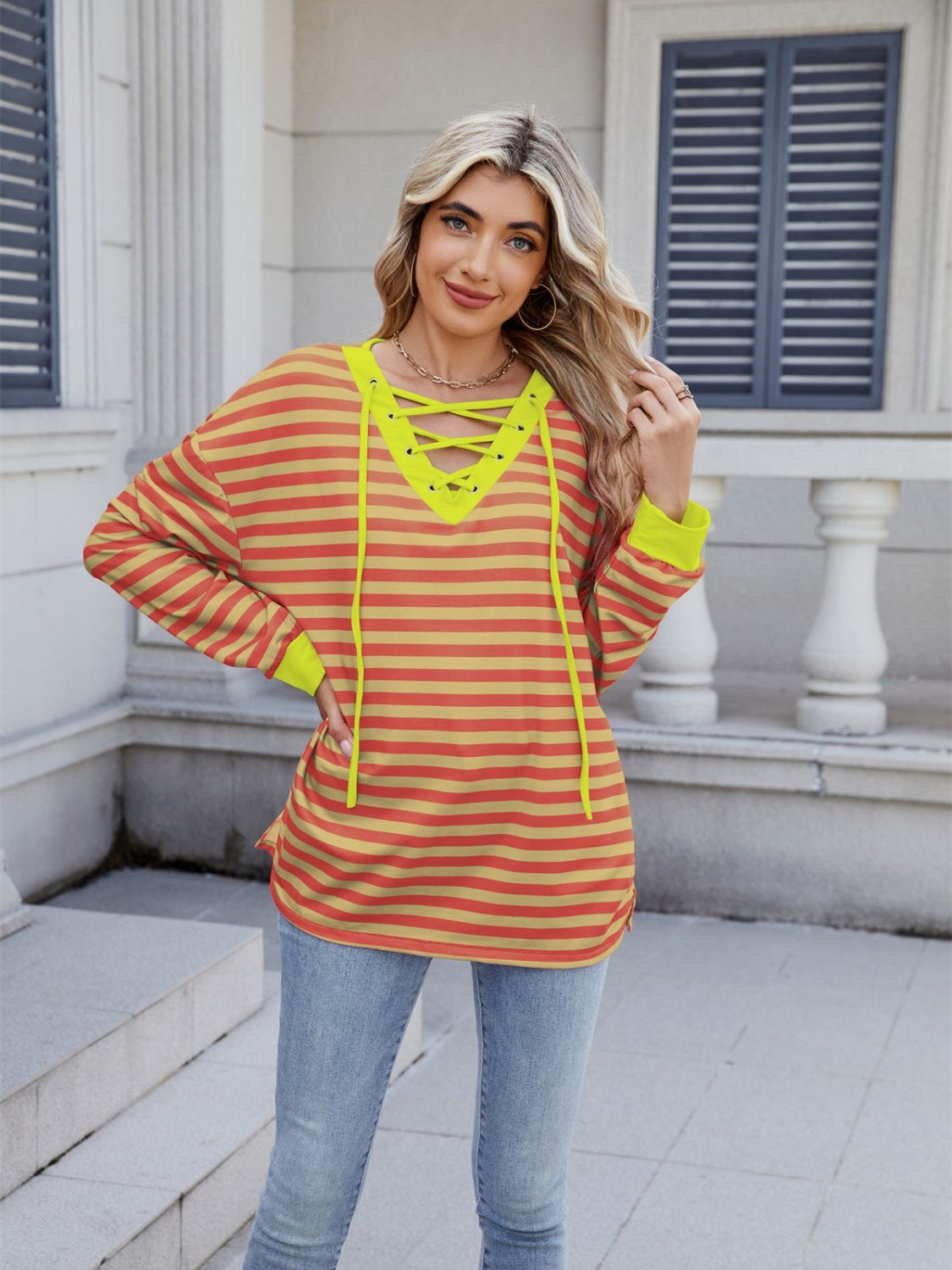 Striped T-Shirt Lace-Up Crisscross V Neck Long Sleeve Blouse Top Tangerine f212b2e4-059d-411f-80f3-beaf7dbf8a21-Max Trendsi