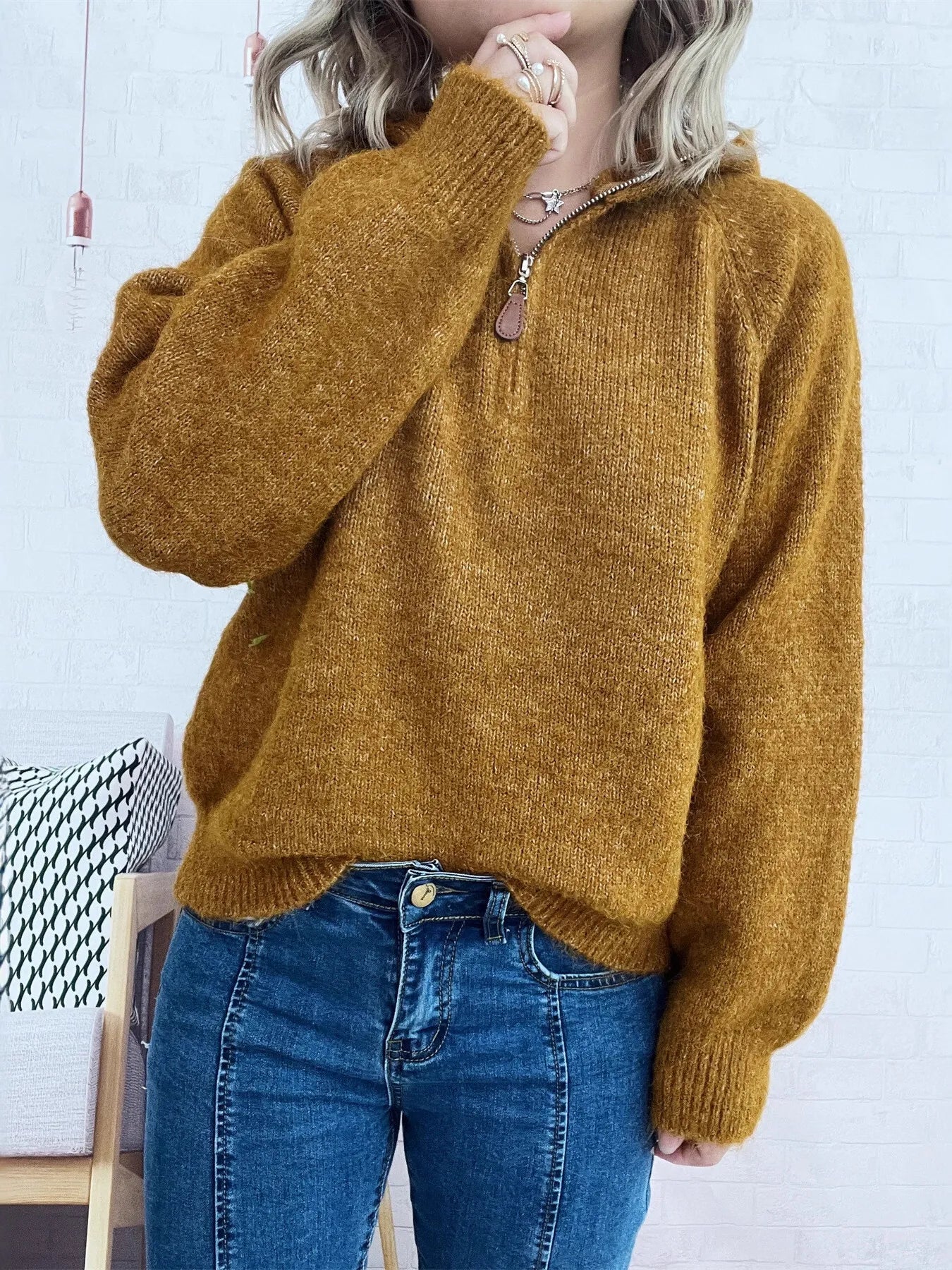 Women's Sweater Quarter Zip Hooded Ribbed Hem Long Sleeve Knitwear f21d0d61f15e4aadb680a53b97a78daa-Max-Origin Trendsi