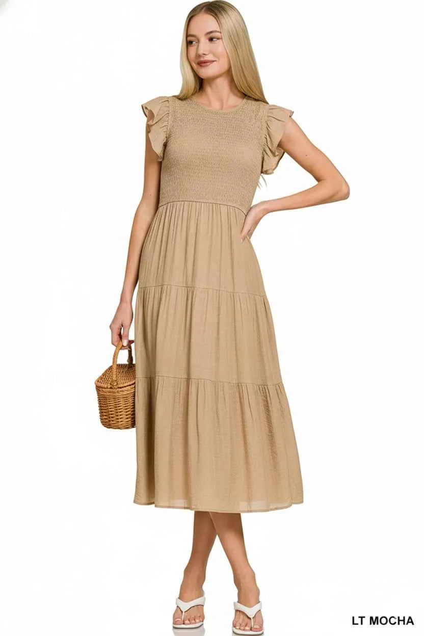 Zenana Woven Midi Dress Light Mocha Smocked Ruffle Short Sleeve f23db115-a6d9-405e-9496-eb8df614a0e4-Max-Origin Trendsi