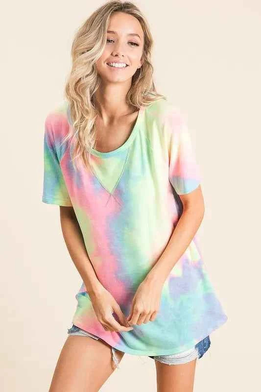 BiBi Women T-shirt Tie Dye Pastel Multi Color French Terry Print Top f2435c2f69eb481aab5e561a70794342-Max-Origin Trendsi