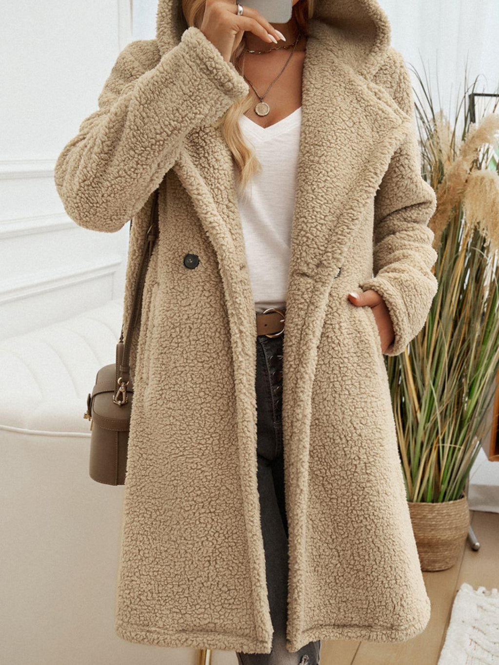 Devine Teddy Coat Pocketed Long Sleeve Hooded Buttoned Outwear f2466d66-5002-458e-baac-dc5d345b909a-Max Trendsi