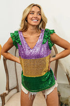 BiBi Womens Blouse Mardi Gras Sequin Color Block Ruffled Top Short Sleeve f2473e75e4b84f12b336debd04158163-Max-Origin Trendsi