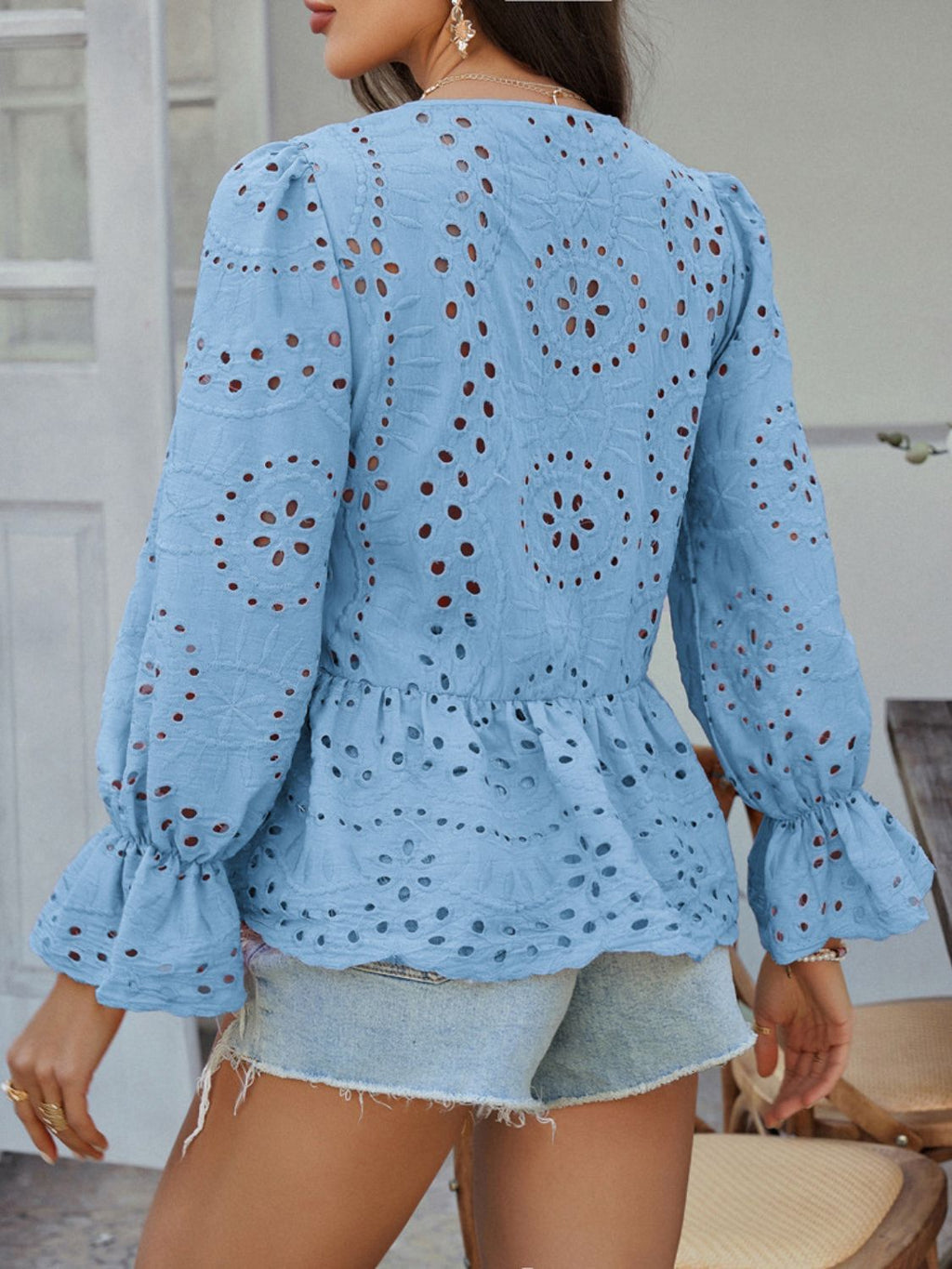 Crochet Blouse Ruffle Tie Front Flounce Long Sleeve Peplum Cut Out Embroidered f25552a8-f891-41f8-a0af-f06312220b06-Max Trendsi