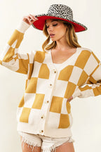 BiBi Cardigan Knit Ivory Camel Checked V-neck Long Sleeve Sweater IVORY CAMEL f269fd341776491fbe9c03ce594f36df-Max-Origin Trendsi