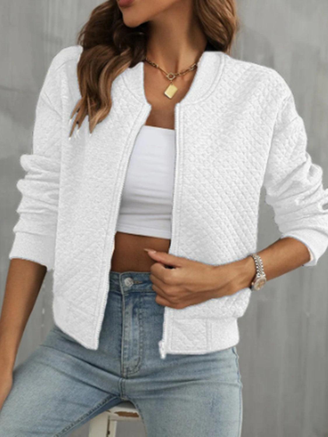 Textured Jacket Zip Up Long Sleeve Short Outwear White f26d6c82-497e-4910-9e48-b3c6c36c376c-Max_803df0a5-979d-4d34-a5f4-ca6f467d2ab3 Trendsi