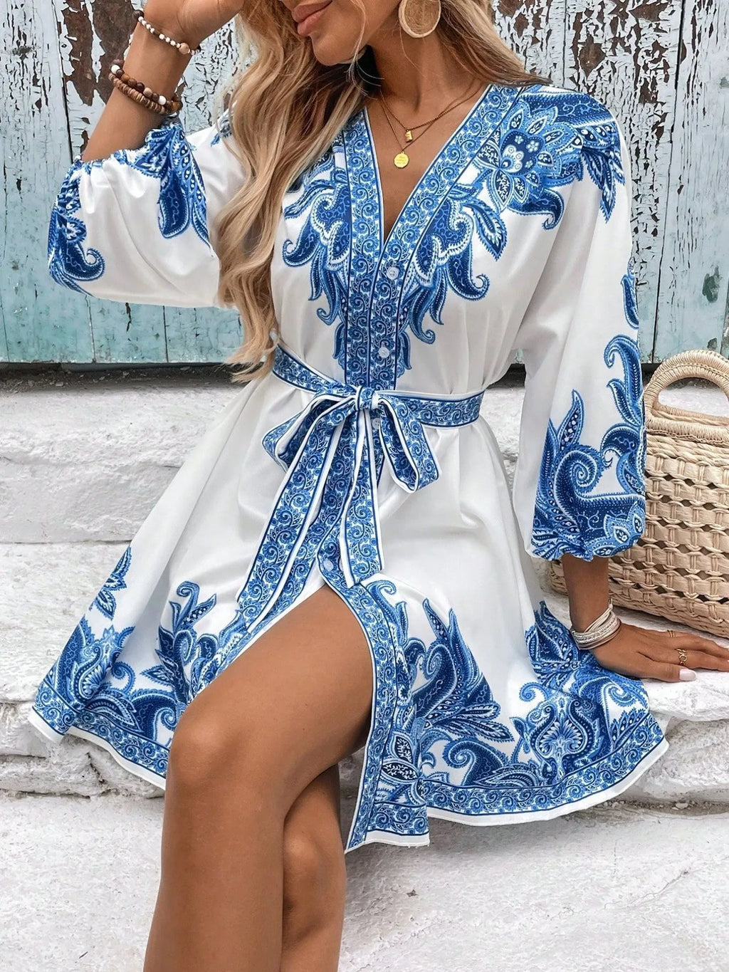 Mini Kimono Dress Paisley Printed V-Neck Balloon 3/4 Sleeve S-2XL f26f08b3-efa9-4c24-a117-6385ac49902c-Max-Origin Trendsi