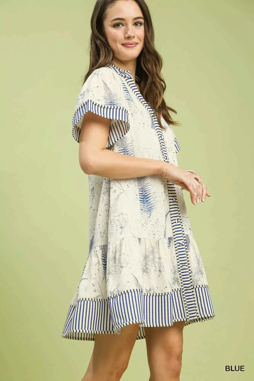 Umgee Linen Printed Button-Front Tiered Mini Dress
