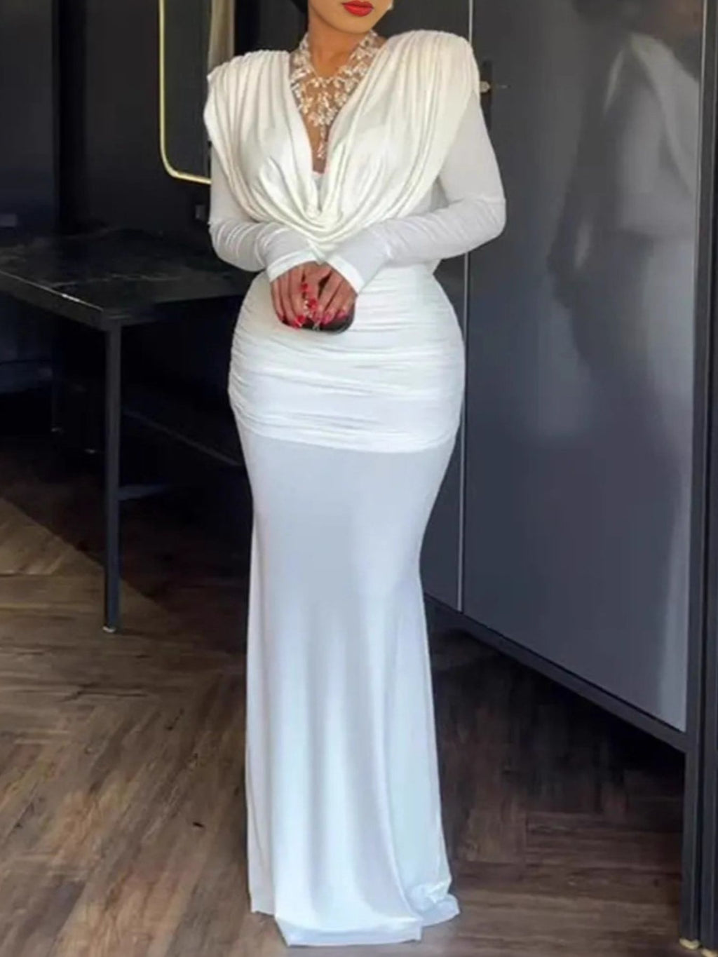 Ruched Long Sleeve Maxi Dress with Zipper Closure