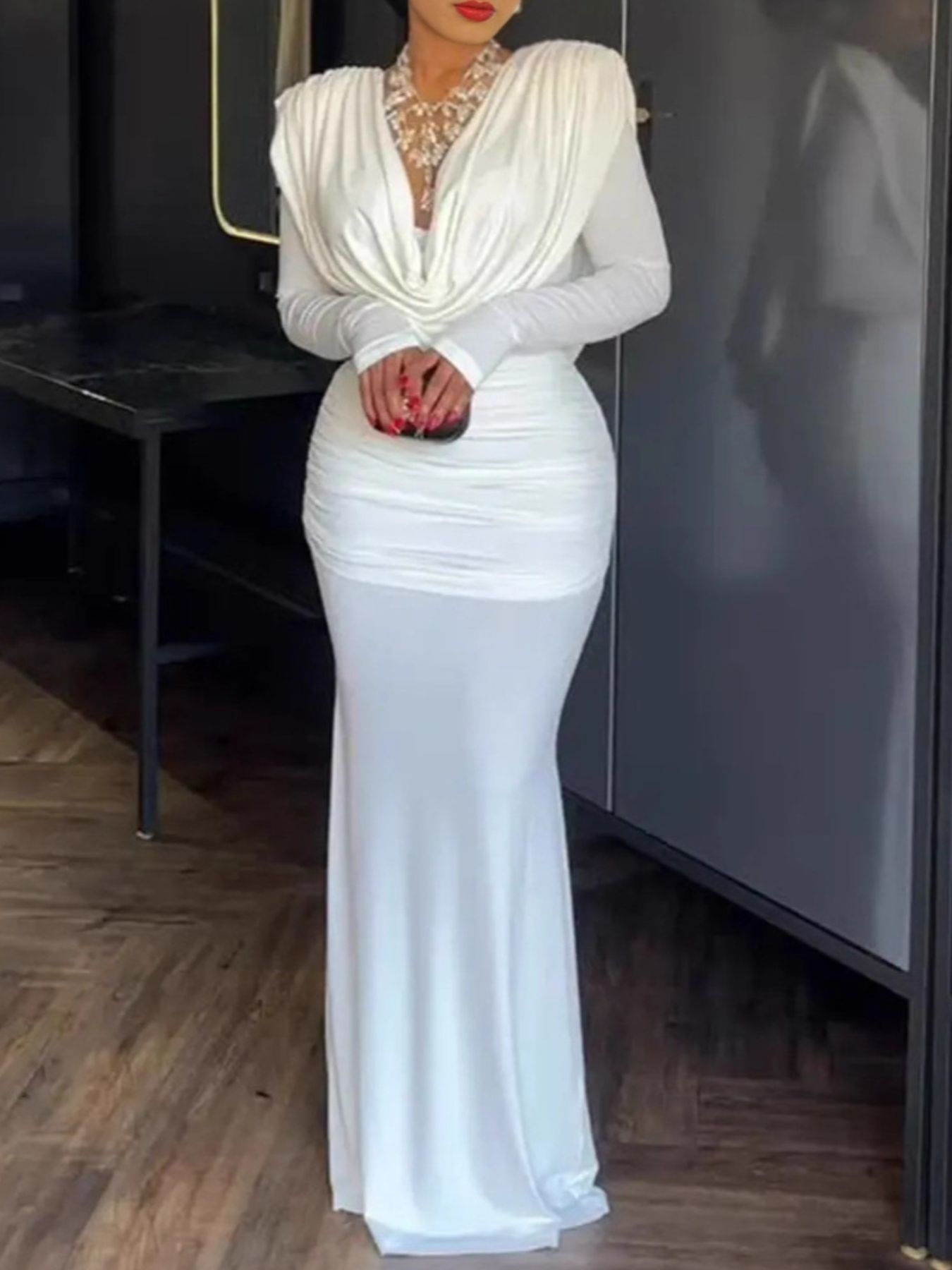 Ruched Long Sleeve Maxi Dress with Zipper Closure