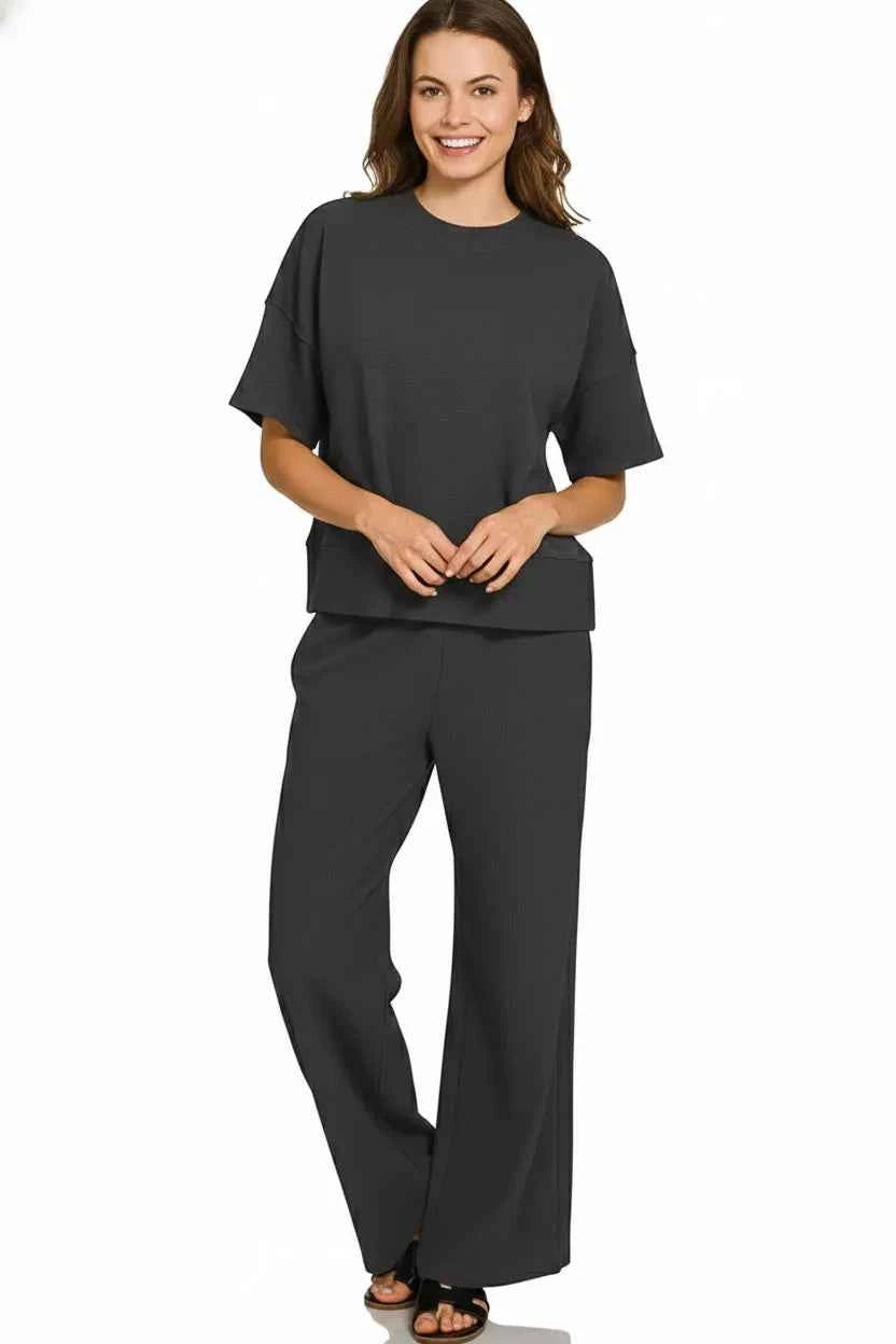 Zenana Ribbed Round Neck Tee & Pants Set