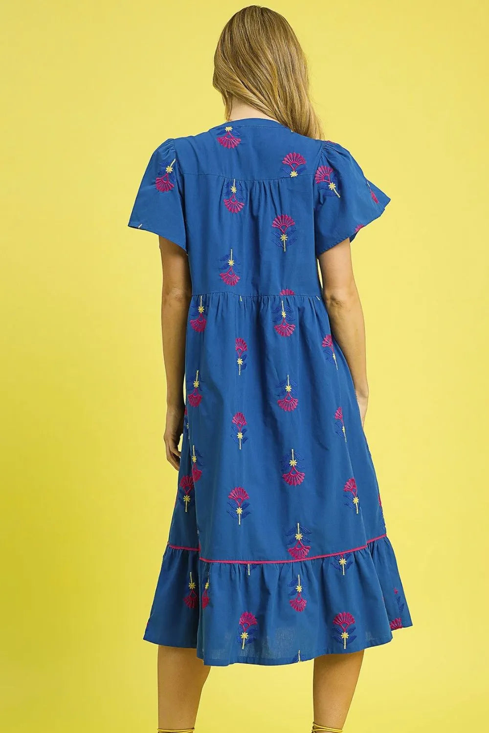 Umgee Midi Dress Dark Blue Flower Embroidered Tiered Ruffle Short Sleeve f28020a0-8edb-43a3-bb90-89060cc05eb8-Max-Origin Trendsi