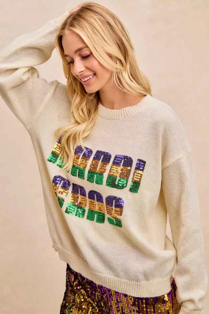 BiBi Women Sweatshirt Ivory Mardi Gras Sequin Lattering Knit Top f28115f5c1424c158153b3853de45660-Max-Origin Trendsi