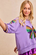 BiBi Womens Blouse Lavender Sequin Patched Ribbon Mardi Gras Theme Top f28a700464514b3f915fc8e1915d6964-Max-Origin Trendsi