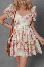 Floral Mini Dress Bubble Sleeve Sweetheart Neck Ruffle Zipper Lightweight Floral f28bf6fa-44f8-49d9-ba4e-db6b71a5c9e3-Max-Origin Trendsi